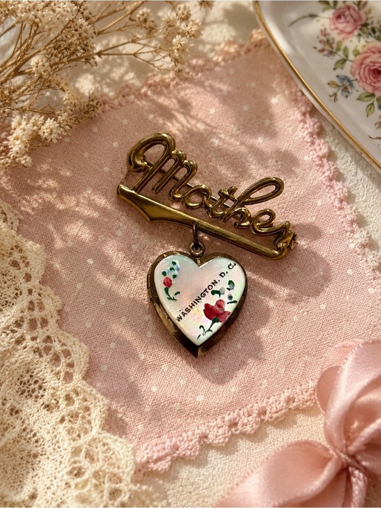 Jewelry - Mother Script Brooch with Heart Locket - Pink & Gold